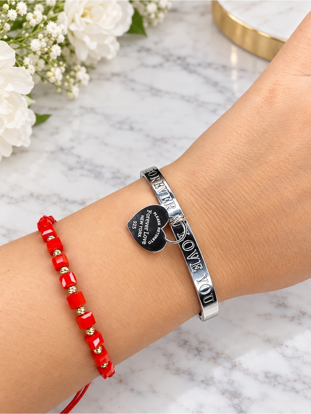 Silver 925  "Love You" Engraved Heart Charm Bracelet Y2k jewelry